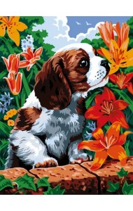 Живопись на холсте. Щенок и лилии, 30х40 см