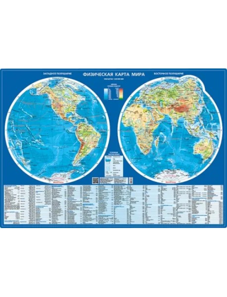 Физическая карта мира. Карта полушарий. Настольная карта, 1:60 000 000