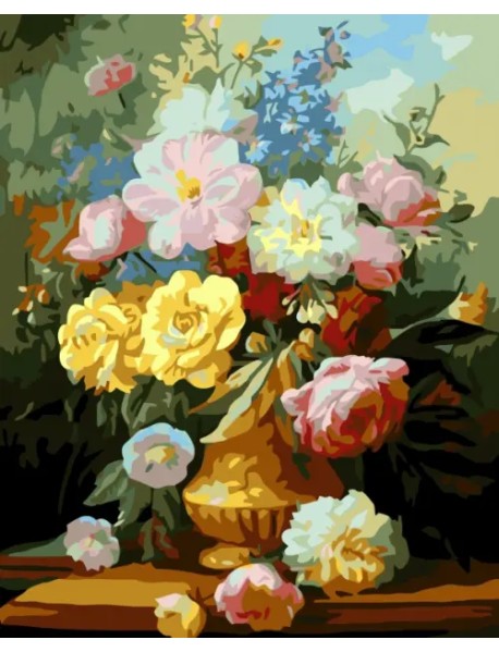 Холст с красками "Рисование по номерам. Роскошные цветы в золотистой вазе", 30x40 см