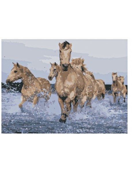 Холст с красками "Рисование по номерам. Резвые лошади в воде", 30x40 см