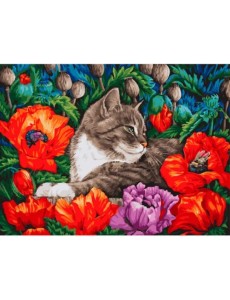 Живопись на картоне. Кот в маках, 30x40 см Живопись на картоне. Кот в маках, 30x40 см