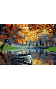 Холст с красками. Осенний парк с прудом