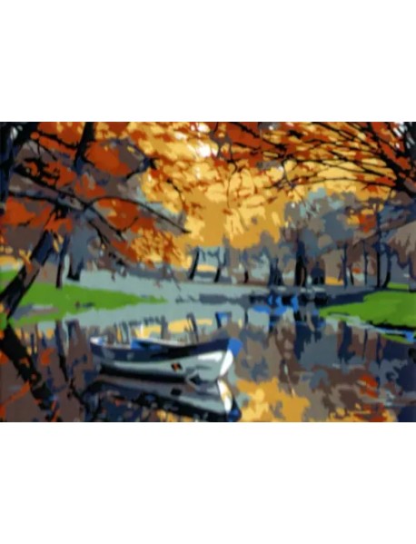 Холст с красками. Осенний парк с прудом