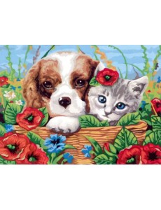 Картина по номерам на холсте с подрамником. Котенок и щенок Картина по номерам на холсте с подрамником. Котенок и щенок
