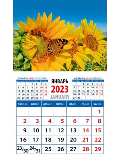 Календарь на 2023 год. Бабочка на подсолнухе