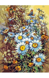 Живопись на холсте. Букет с ромашками и бабочкой