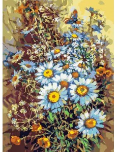 Живопись на холсте. Букет с ромашками и бабочкой Живопись на холсте. Букет с ромашками и бабочкой