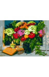 Живопись на холсте. Вечер. Букет на окне