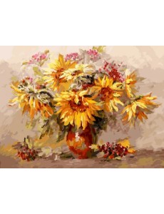 Живопись на холсте. Подсолнухи и калина Живопись на холсте. Подсолнухи и калина