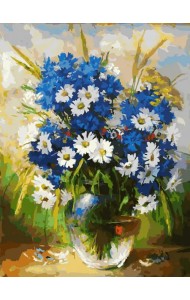 Живопись на холсте. Ромашки и васильки