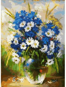 Живопись на холсте. Ромашки и васильки