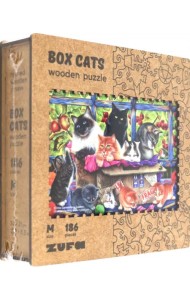 Деревянный пазл с двухслойной крышкой Кошки в коробке, 106 деталей
