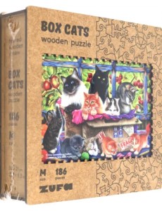 Деревянный пазл с двухслойной крышкой Кошки в коробке, 106 деталей