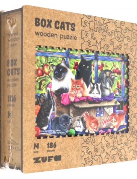 Деревянный пазл с двухслойной крышкой Кошки в коробке, 106 деталей