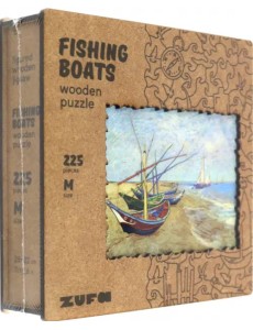 Деревянный пазл с двухслойной крышкой Рыбацкие лодки, 225 деталей