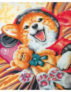 Картина по номерам на холсте. Корги с игрушкой