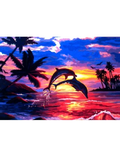 Картина по номерам на холсте с подрамником Игра дельфинов