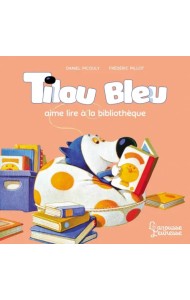 Tilou bleu aime lire a la bibliotheque