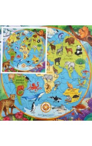Пазл фигурный на подложке. 80 деталей. Карта мира. Животные. 30х30,5 см. ГЕОДОМ