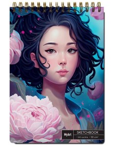 MyArt. СКЕТЧБУК А4 на гребне. АНИМЕ. ДЕВУШКА С ПИОНАМИ